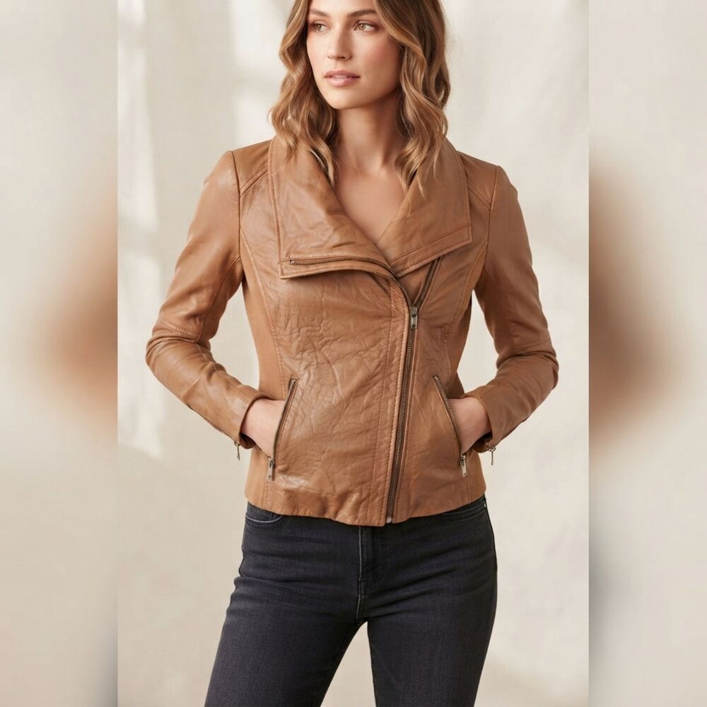 TROUVE Tan Leather Asymmetrical Zip Moto Biker Jacket Size S